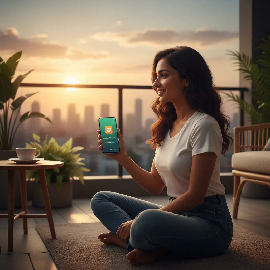 Photorealistic Indian Android user installing the latest VidMate APK at sunrise