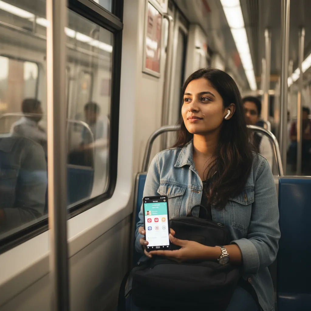 Photorealistic Indian woman on a commute enjoying the updated VidMate app offline