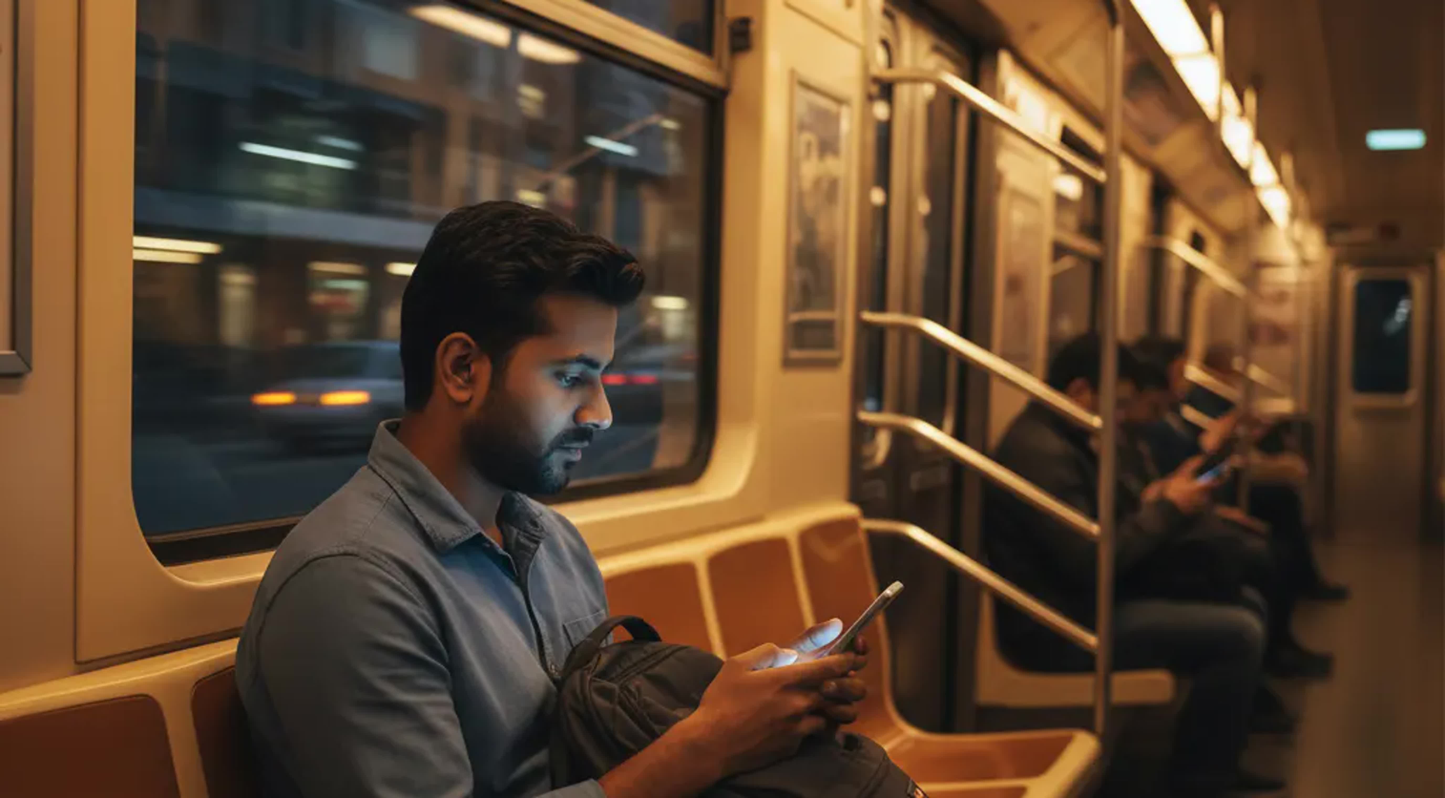 Photorealistic Indian commuter relaxing with saved YouTube videos on VidMate